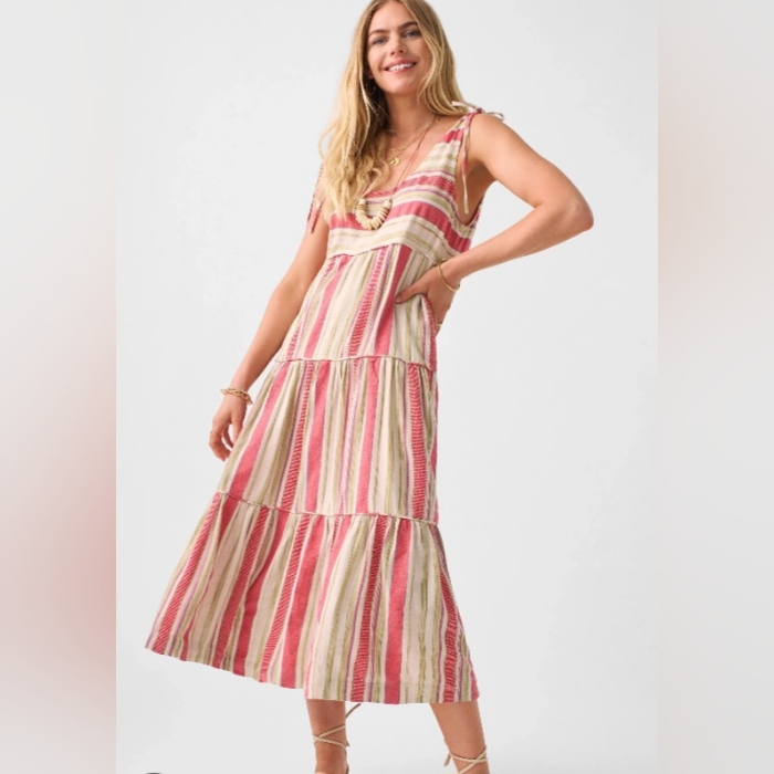 Faherty Lanai Striped Tiered Tie Shoulder Midi Dress Size Xs New Nwt Linen Blend